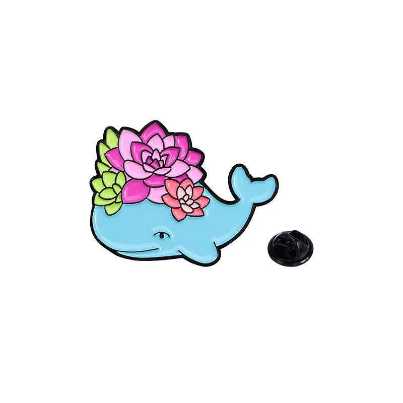 Succulent Enamel Brooch Animal Butterfly Turtle Hedgehog Whale Lapel Pin