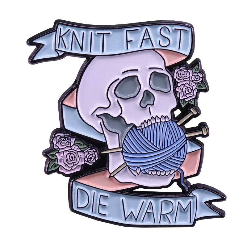 Knit Fast Die Warm Enamel Pin Skull Badge Lapel Scarf Sweater