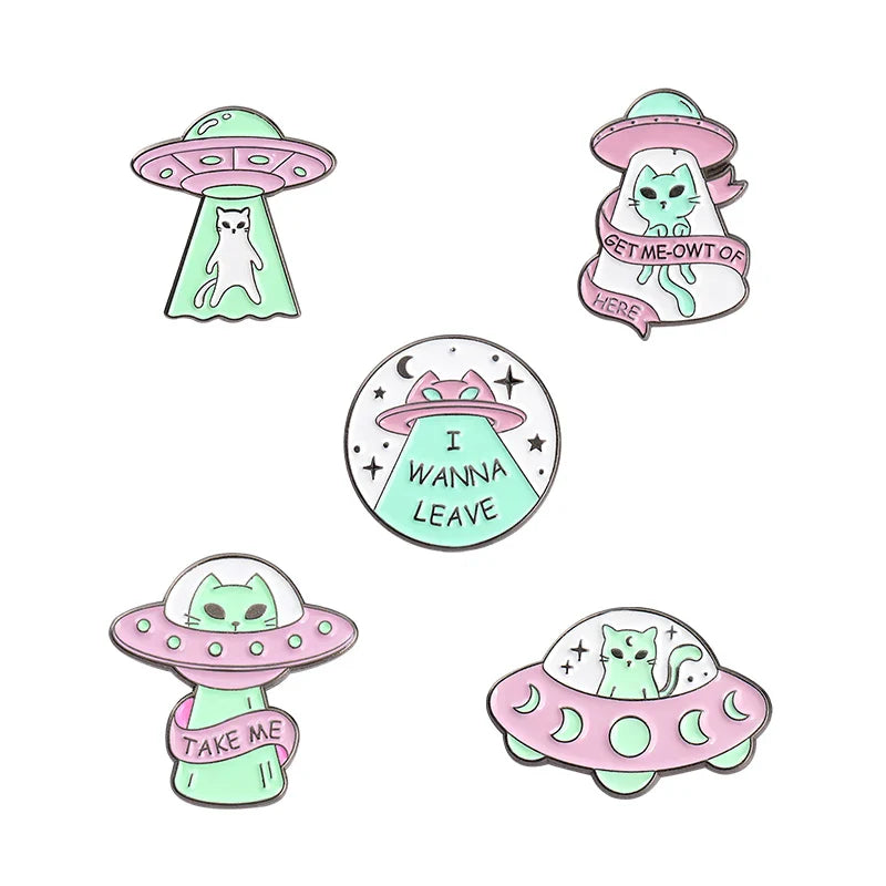 Alien Cat UFO Enamel Pins Space Ship Brooches Jewelry Wholesale