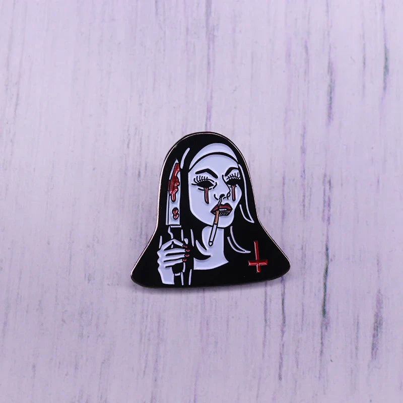 Killer Nun Enamel Pin: Girl with Knife, Blood Tears, Cigarette, Horror Badge