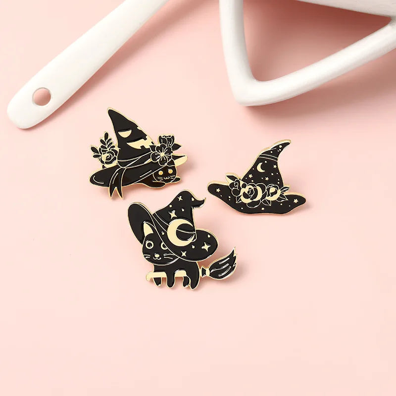 Gothic Dark Magician Witch Hat Cat Enamel Brooch Lapel Pin Jewelry Gift