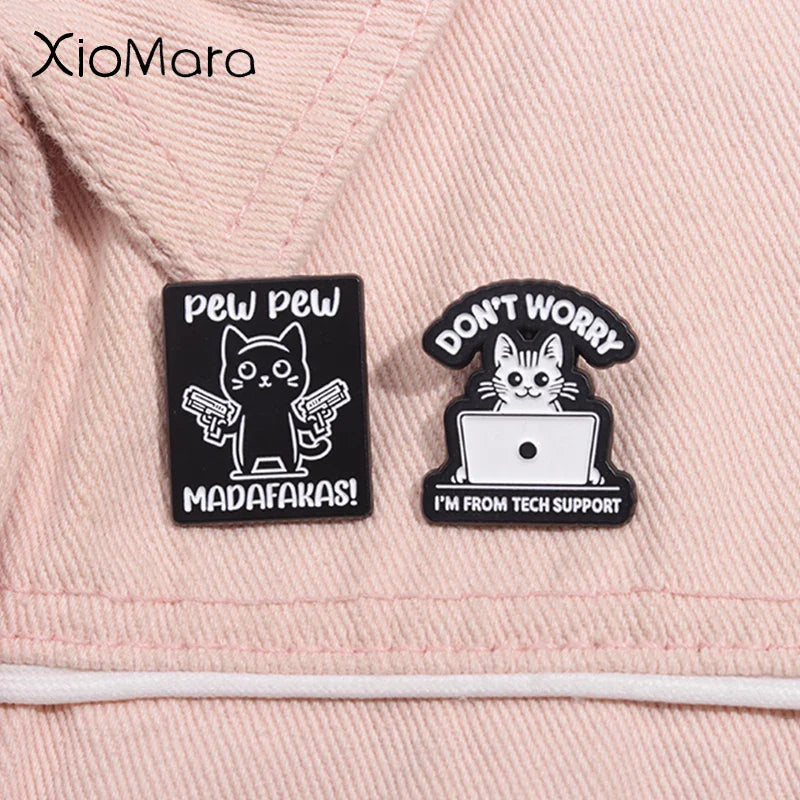Pew Pew Madafakas Cat Enamel Pins Tech Support Brooch Lapel Badge Jewelry Gifts