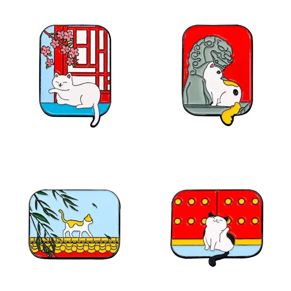 Cartoon Animal Enamel Pins: Palace Cat & Stone Lion Brooch Jewelry Gift