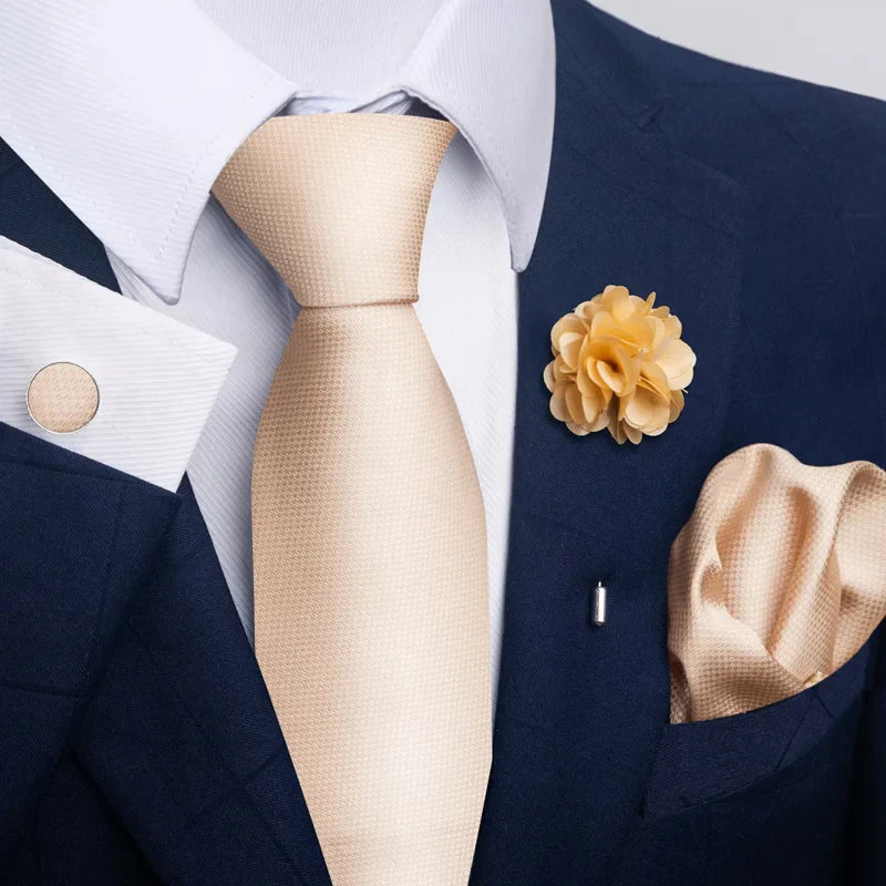 Luxury Black Gold Floral Paisley Tie Set with Pocket Square, Cufflinks, Brooch