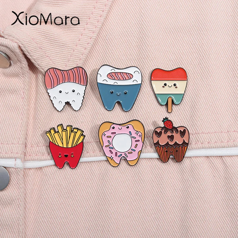 Cartoon Teeth Dessert Enamel Pins Ice Cream Donut Dental Brooches Lapel Badge Jewelry Gift for Kids