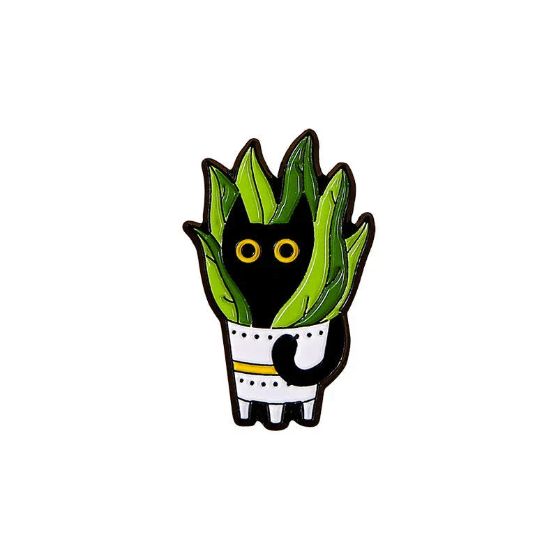 Cartoon Black Cat Lucky Bamboo Enamel Pin Cactus Brooch Lapel Jewelry Gift