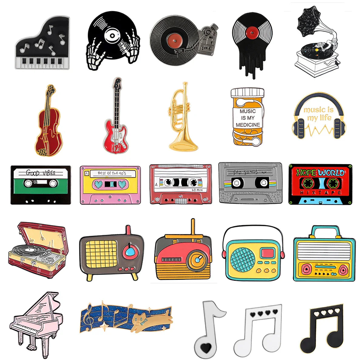 Piano Guitar Music Symbols Record Player Brooch Lapel Pin