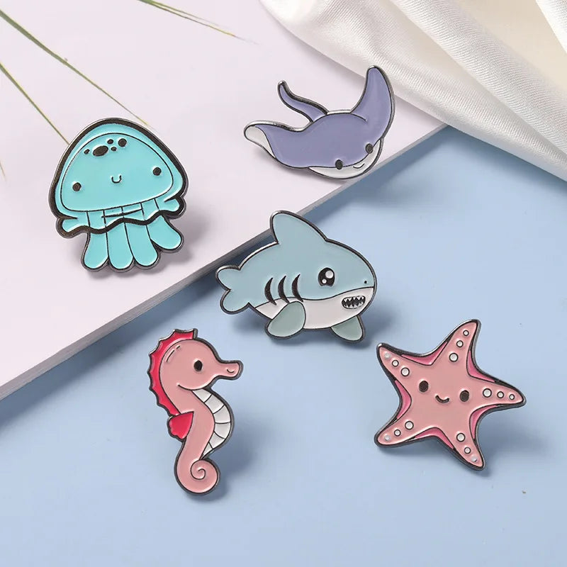 Shark Jellyfish Seahorse Enamel Pins Badges Brooch Jewelry Gift