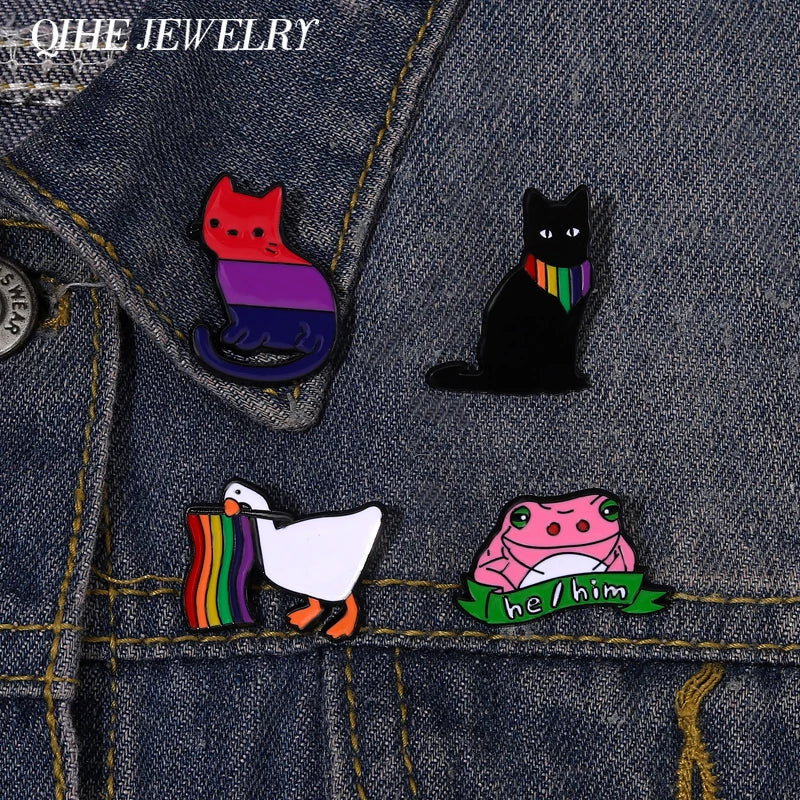 Rainbow Animal Enamel Pin LGBT Goose Cat Frog He Him Brooch Lapel Gift Wholesale