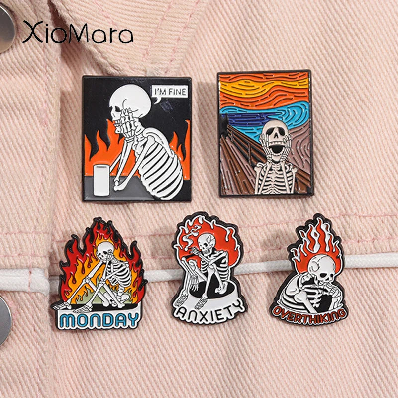 Creative Skeleton Oil Painting Enamel Pins Anxiety Metal Brooch Lapel Badge Halloween Jewelry Gifts