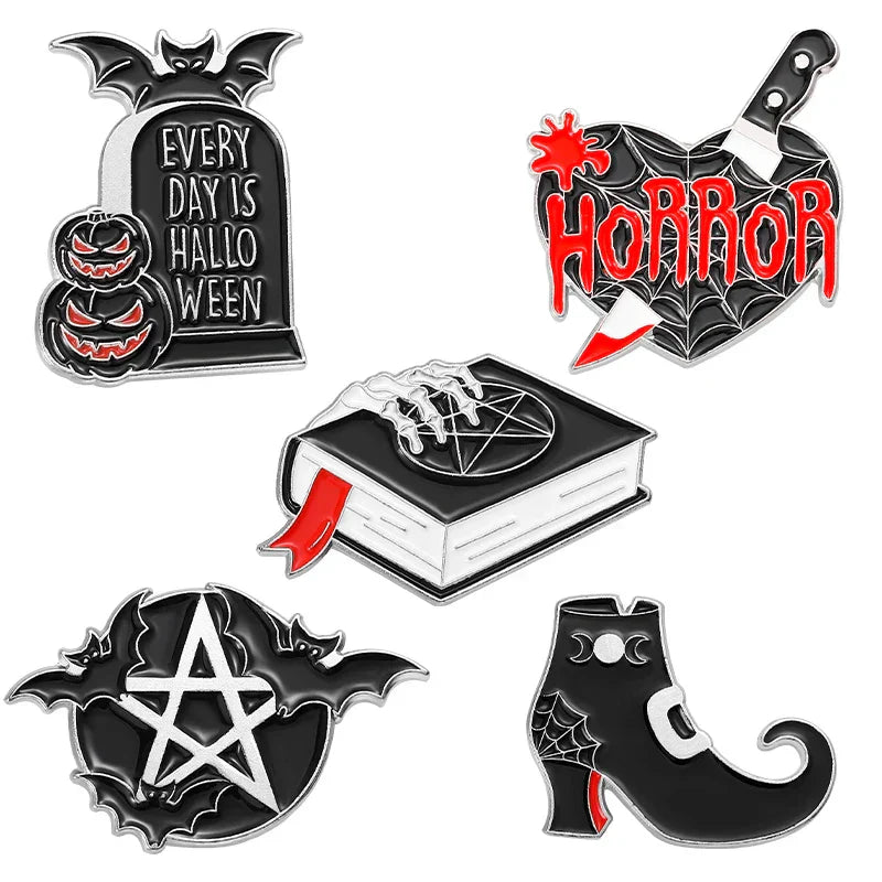 Goth Halloween Enamel Pin Set: Ghost, Black Cat, Moth, Witch, Punk Brooches, Horror Snake, Skeleton Jewelry
