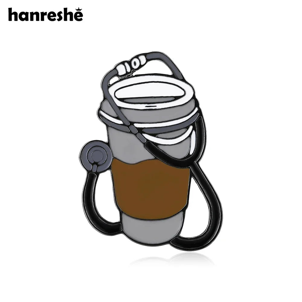Creative Coffee Stethoscope Enamel Pin Medical Brooch Badge for Doctor Nurse Gifts
