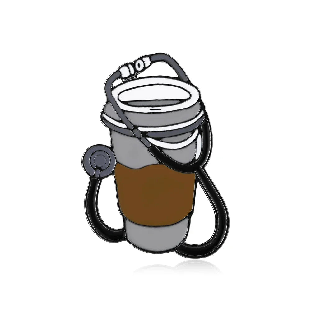Creative Coffee Stethoscope Enamel Pin Medical Brooch Badge for Doctor Nurse Gifts