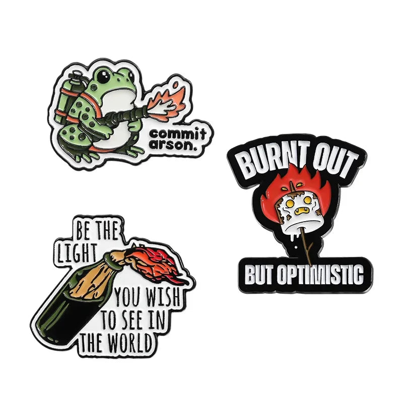 Burnt Out Optimistic Frog Enamel Pins Brooches Lapel Badge Jewelry Gift