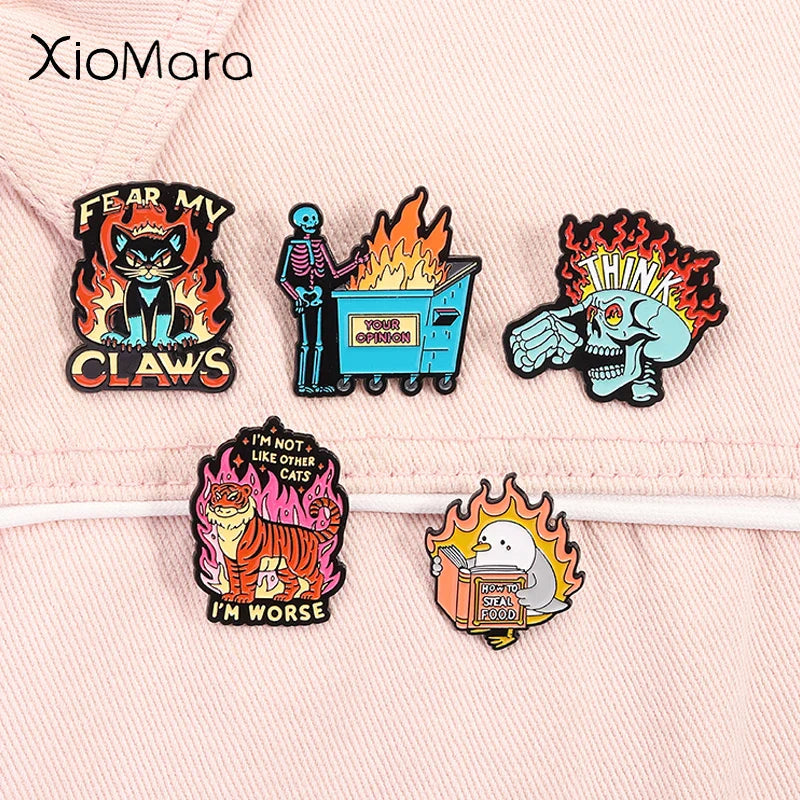 Fear My Claws Skull Enamel Pin - Punk Cat Mental Health Brooch Lapel Badge