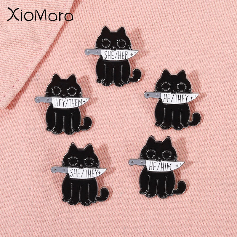 Pronoun Enamel Pin Black Cat Knife Brooch Jewelry Gifts