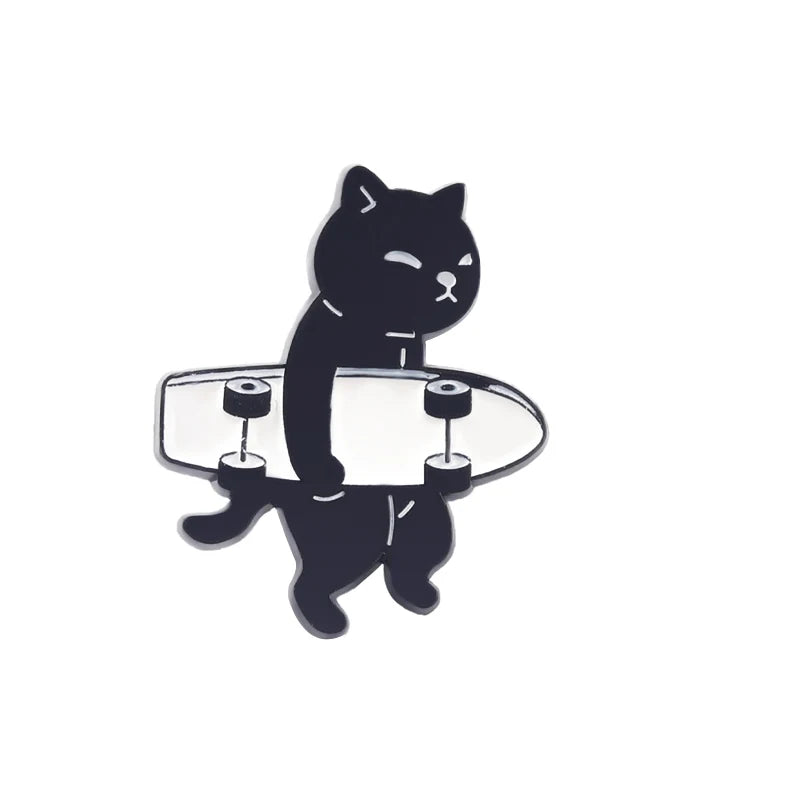 Black Cat Skateboard Enamel Pins Brooches Jewelry Gifts