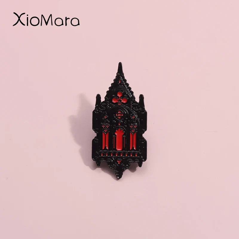 Gothic Church Enamel Pins Red Candle Castle Brooches Lapel Badges Jewelry Gift
