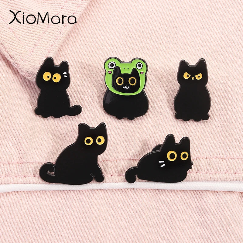Kawaii Black Cat Enamel Pins Cute Frog Kitten Brooch Lapel Badge Jewelry Gift
