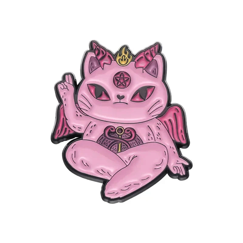 Cartoon Cat Pink Enamel Pin Skeleton Kitten Brooch Lapel Witch Badge Jewelry