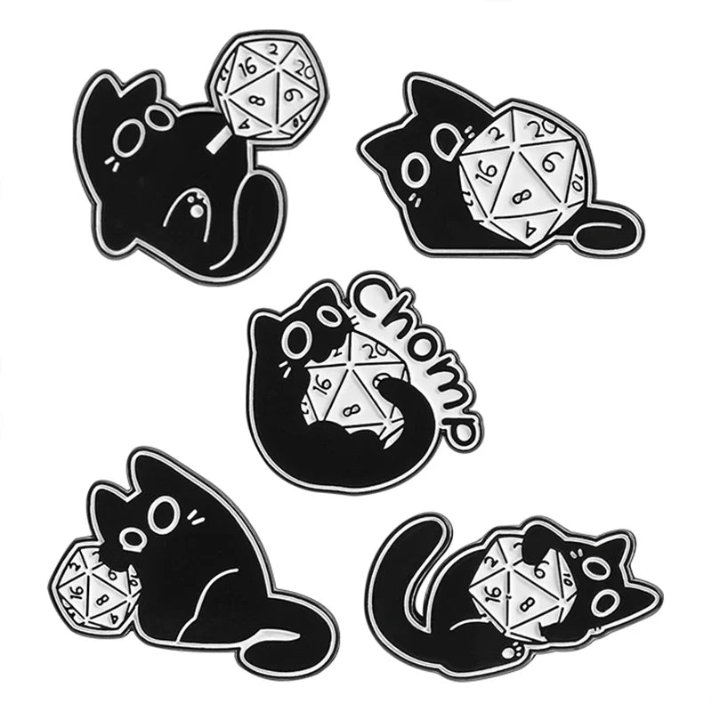 Black Cat Chomp Dice Enamel Pin Cosplay Kitten Brooch Jewelry Gift