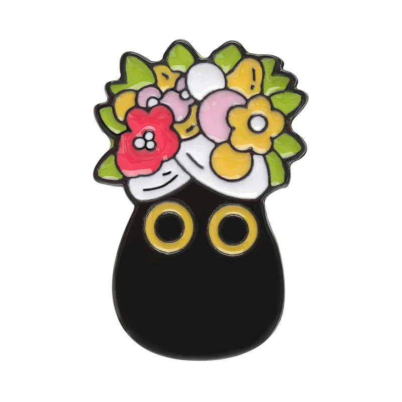 Black Cat Enamel Pins Big Eyes Kitten Brooch Lapel Badge Floral Cartoon Jewelry Gift