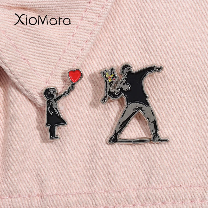 Banksy Enamel Pin Flower Thrower Girl Balloon Hope Brooch Lapel Badge Gift