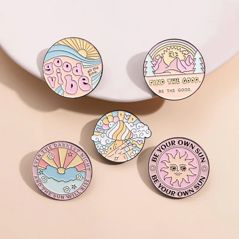 Geometric Mushroom Sun Mountain Water Enamel Brooch Pin