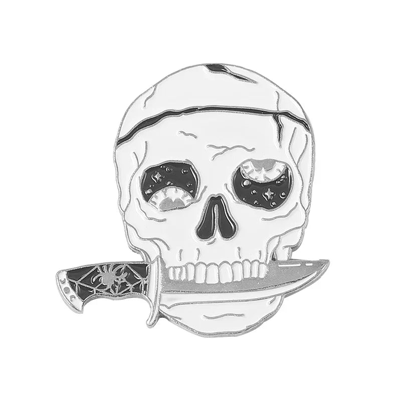 Gothic Skeleton Punk Enamel Pin: Skull, Knife, Black Cat Brooch