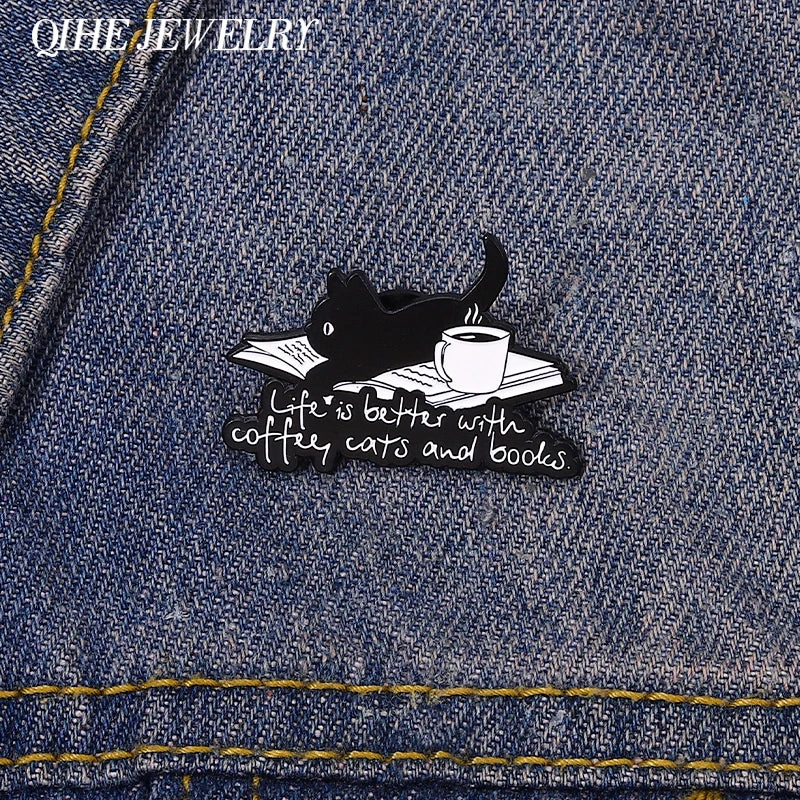 Black Cat Enamel Pin Coffee Kitten Brooch Lapel Backpack Gift Accessories Wholesale