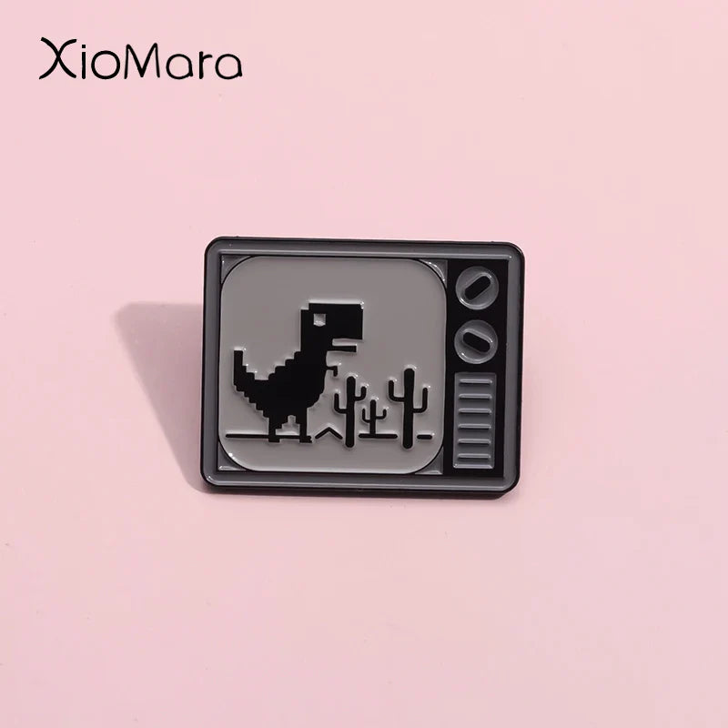 Dinosaur Pixel Enamel Pins Retro TV Brooches Cartoon Animal Jewelry Gift