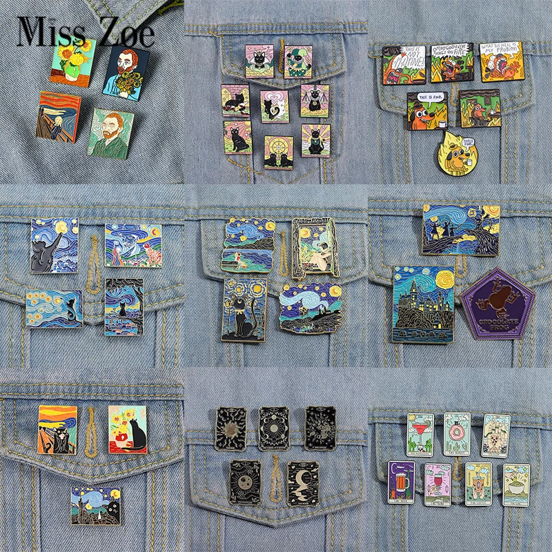 Oil Painting Enamel Pins Set Tarot Cat Brooches Gothic Jewelry Gift