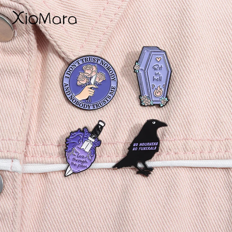 Live Through The Pain Enamel Pin Rot in Hell No Mourners No Funerals Brooch Halloween Jewelry Gift