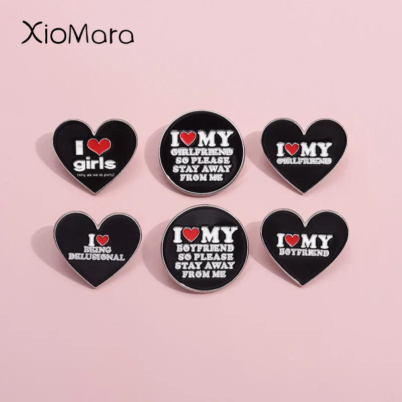I Love Girls Enamel Pins Black Heart Brooch Punk Jewelry Gift