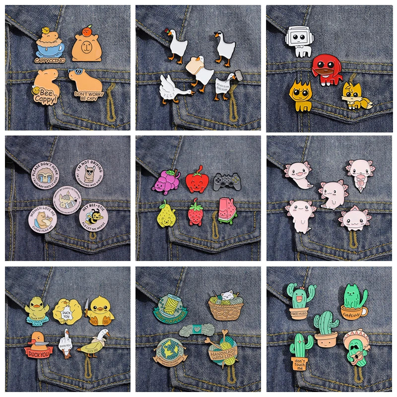 Animal Enamel Pins Set: Cactus, Salamander, Capybara Brooches for Bags & Lapels