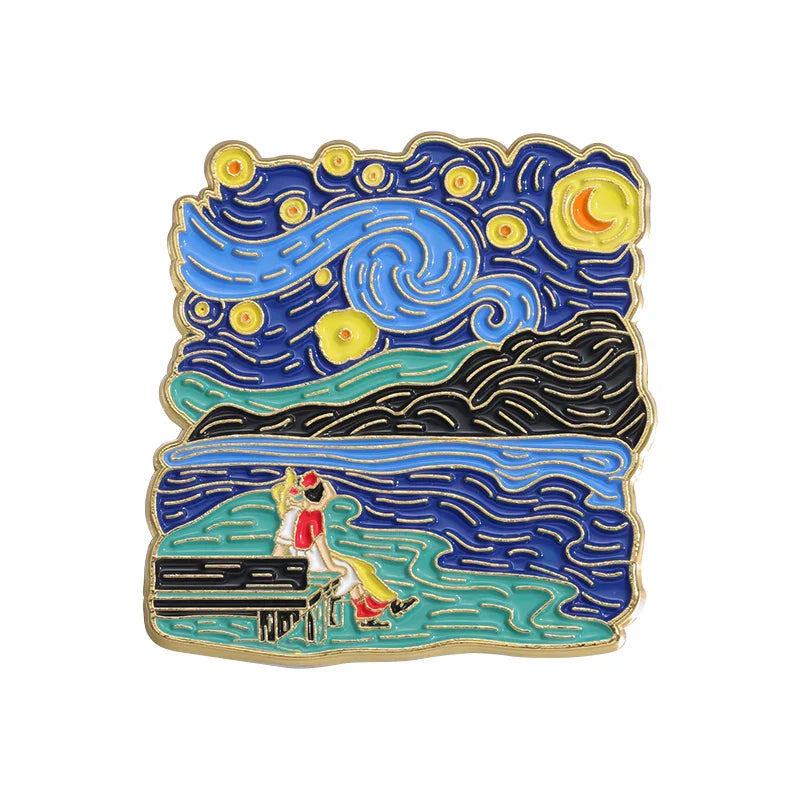 Van Gogh Starry Night Sunflower Cat Enamel Pins Brooches Lapel Badge Jewelry Gift