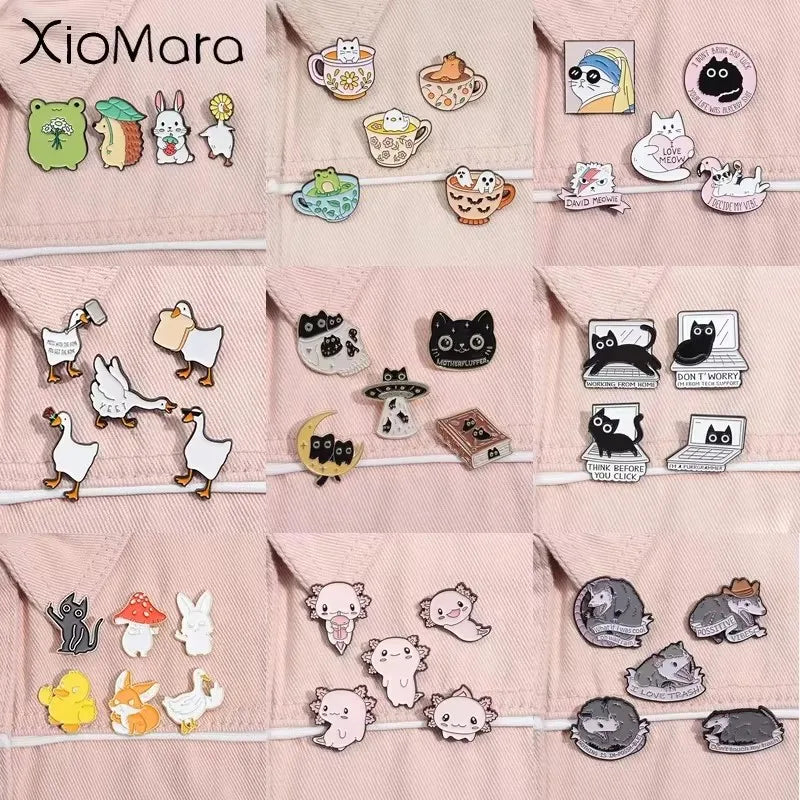 Animal Enamel Pins Set: Cat, Duck, Goose, Opossum Brooches for Kids & Friends