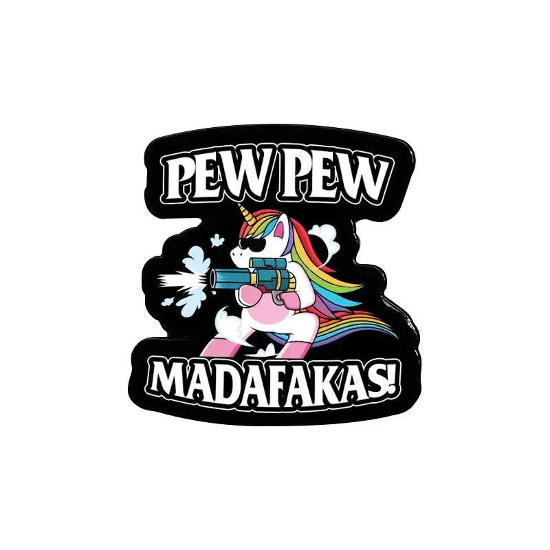 PEW PEW MADAFAKAS! Rainbow Horse Enamel Pin Funny Punk Jewelry Gift