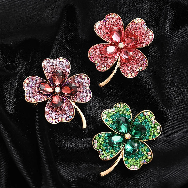 Rhinestone Clover Brooches Women Coat Jewelry Accessories