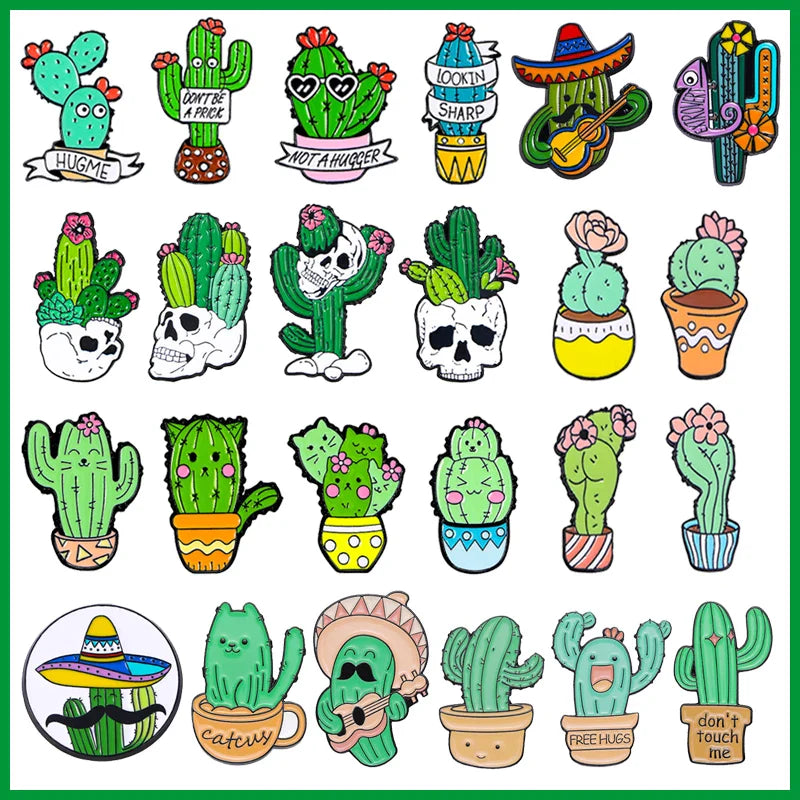 Green Cactus Enamel Pin Cat Guitarist Skull Flower Brooch Lapel Jewelry Gift