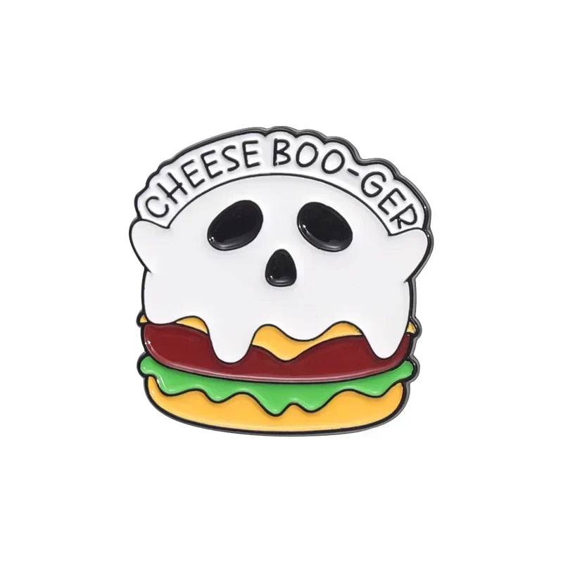 Spooky Cheese Ghost Enamel Pins Funny Hamburger Brooch Lapel Badges Gift