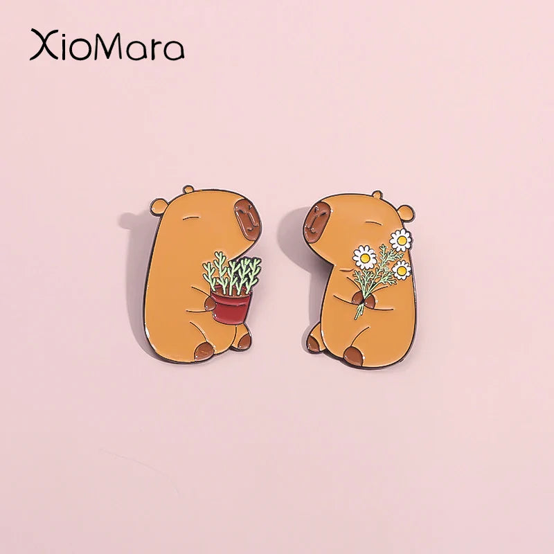 Capybara Couple Enamel Pins Cute Animal Brooches Lapel Badges Gift