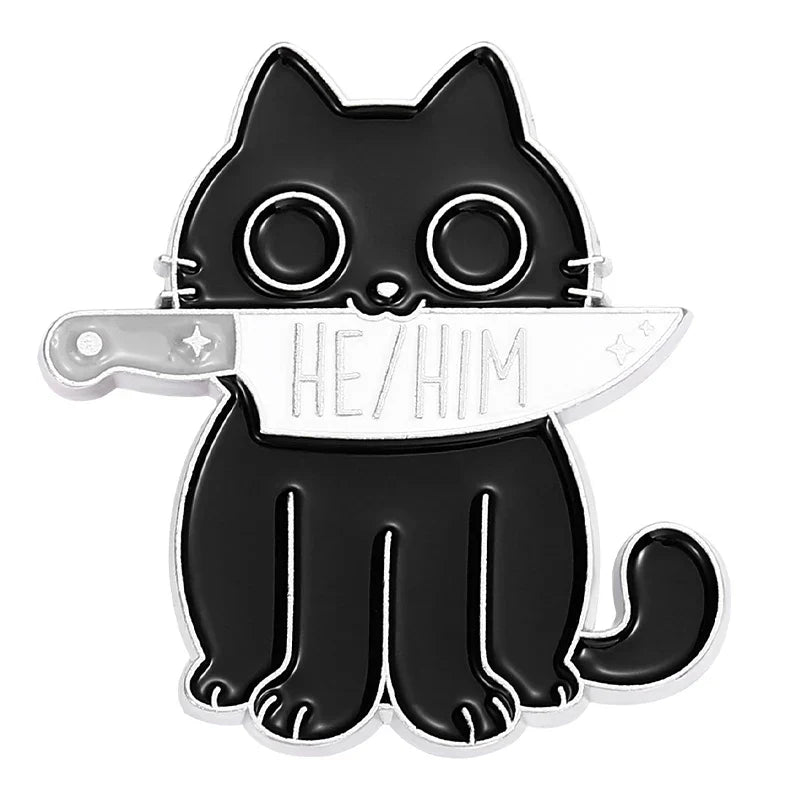 Pronoun Enamel Pin Black Cat Knife Brooch Jewelry Gifts
