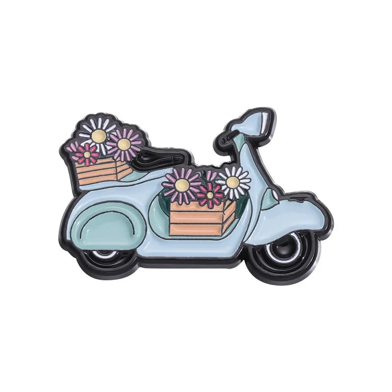 Cartoon Vehicle Enamel Pins: Sports Car, Racing Bike, Travel Bus Brooches Lapel Badge Gift