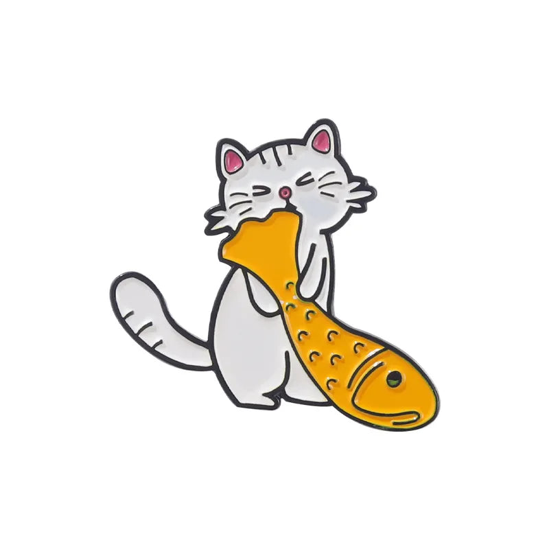 Cat Eating Fish Enamel Brooch Pin Anime Lapel Badge Fashion Jewelry Accessories Gifts