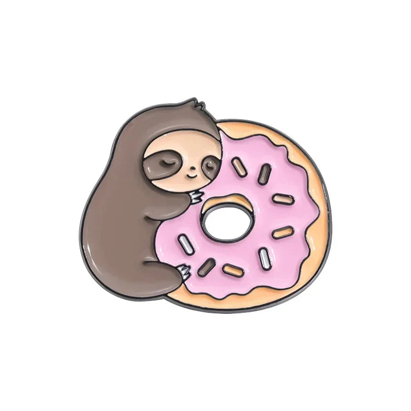Cute Sloth Enamel Pins Coffee Donut Banana Backpack Lapel Badge Animal Jewelry Gift