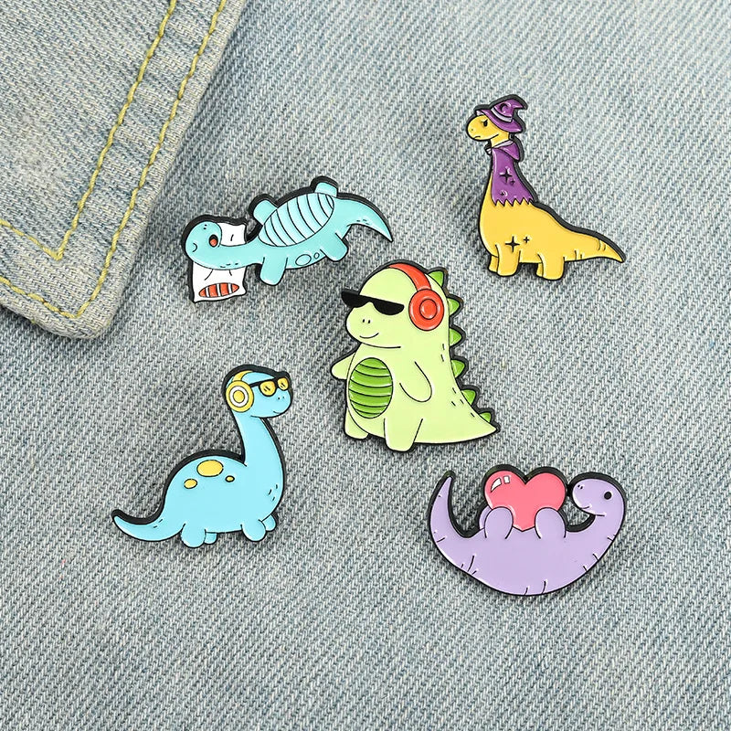 Dinosaur Enamel Brooch with Sunglasses and Earphones - Cartoon Pin for Clothing and Backpacks