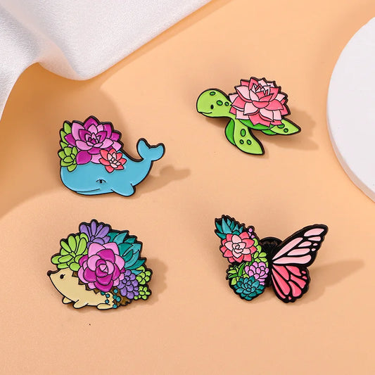 Succulent Enamel Brooch Animal Butterfly Turtle Hedgehog Whale Lapel Pin