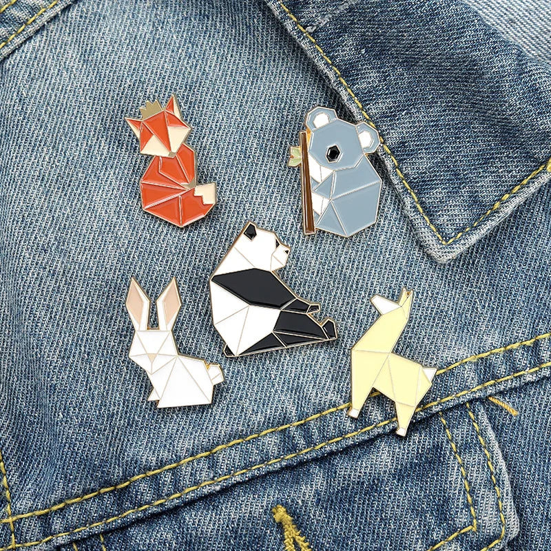 Origami Animal Enamel Brooch Pins: Panda, Sloth, Rabbit, Fox, Alpaca - Cute Gifts