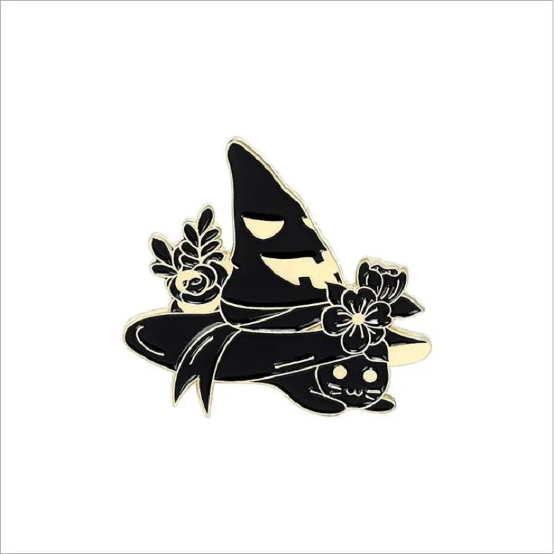 Gothic Dark Magician Witch Hat Cat Enamel Brooch Lapel Pin Jewelry Gift